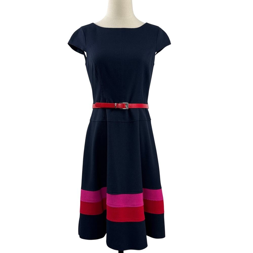 Anne Klein Navy Pink Striped Belted Fit & Flare Dress Women’s 2 - Picture 1 of 7